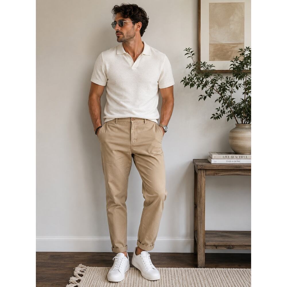 Billy Reid Mid-Rise Flat Front Tapered Cut Chino Pants Beige Men's Size 38